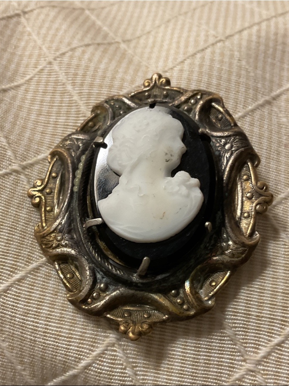 Vintage Cameo Brooch - Black and White Ornate Women’s Jewelry